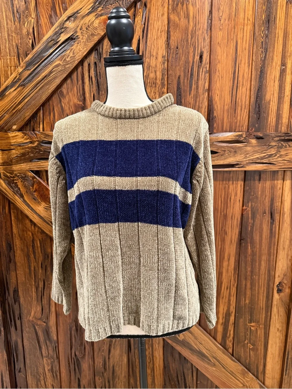 Route 66 Olive Green Sweater with Navy Stripe